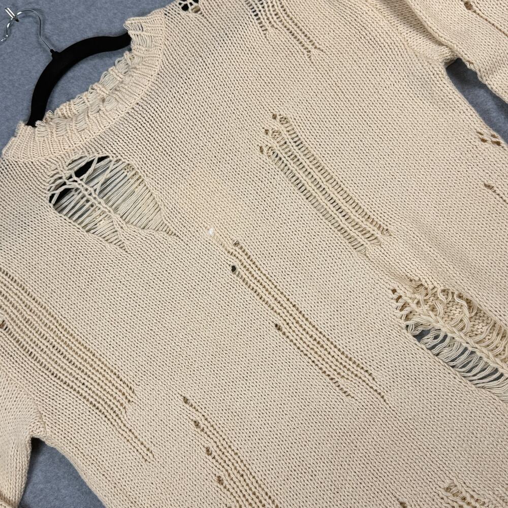 Emory Park Distressed Knit Sweater Womens Small Cream Beige Shredded Open Weave